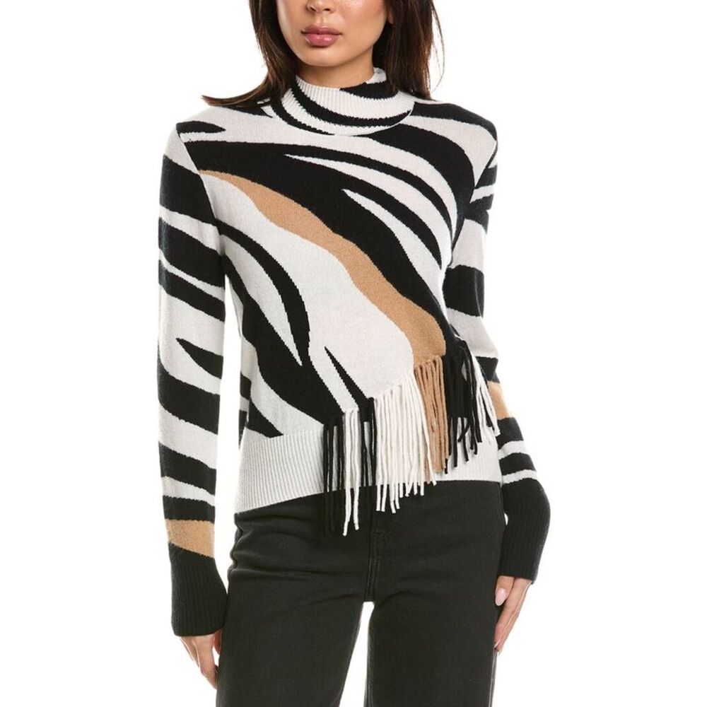 Brodie Cashmere Womens Zebra Fringe Mock Neck 100% Cashmere Sweater, White